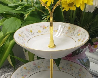 Handcrafted 3 Tier Cake Stand, Delevan Noritake Contemporary China, Pink, White, Blue, Yellow and Gold High Tea Dessert Stand (49)