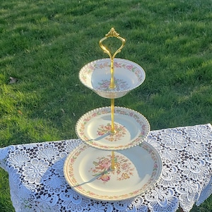 Handcrafted 3 Tier Cake Stand, Cream, Gold and Earthy Toned Stand, Sovereign Potters Earthenware Mayfair Canadian China Dessert Stand (37)