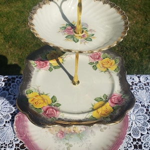 Handcrafted and Upcycled 3 Tier Cake Stand, Vintage Inspired White, Rose, Green and Gold Dessert Stand, High Tea 3 Tier Stand,(29)