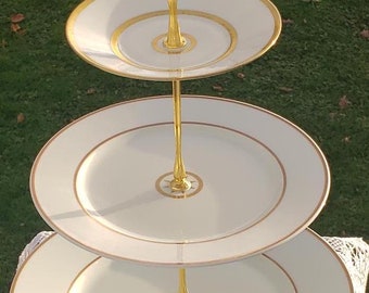 Handcrafted 3 Tier Cake Stand, Bernardaud Limoges France Sparte China, Ionia Milena China, White and Gold Dessert Stand, High Tea Stand (93)