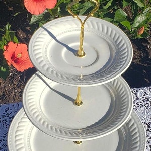 Handcrafted and Upcycled 3 Tier Cake Stand, Gibson Everyday China, White and Gold Tiered Tray, Cupcake Stand, High Tea Dessert Stand (81)