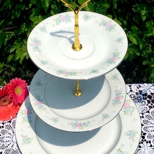 Handcrafted 3 Tier Cake Stand, White, Blue, Pink, Green, Silver and Gold, China Garden Prestige Jian Shiang, High Tea Dessert Stand (112)