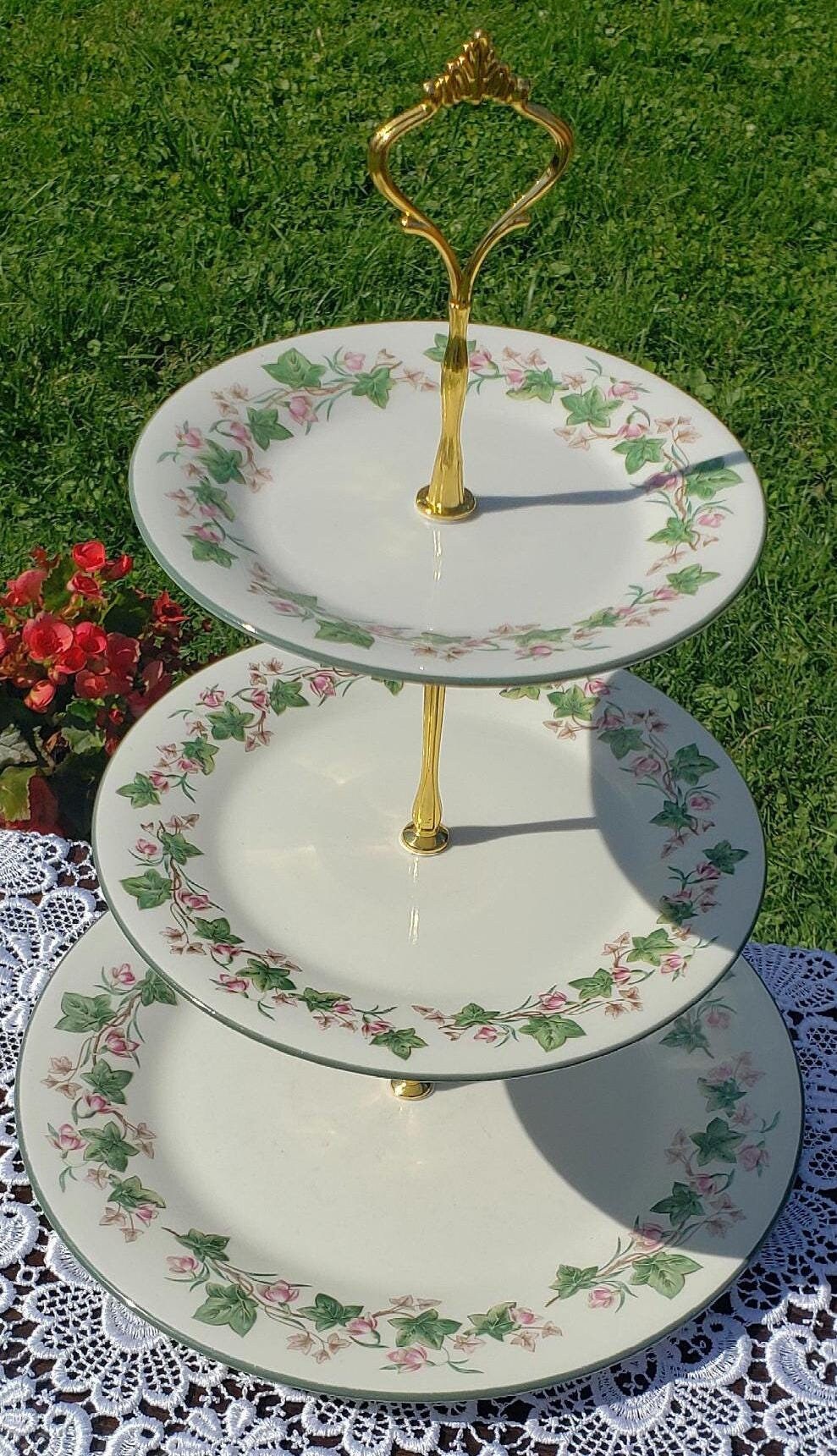 Handcrafted 3 Tier Cake Stand, Royal Doulton Expressions English China Tiverton, Green, Pink, White High Tea Dessert Stand (61)