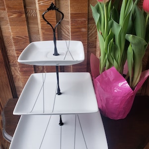 Handcrafted and Upcycled 3 Tier Cake Stand, Modern White and Black Dessert Stand, High Tea 3 Tier Stand (25)