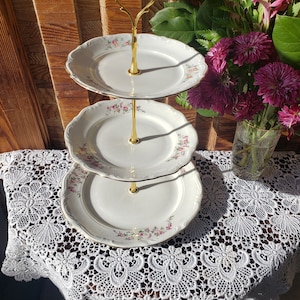 Handcrafted and Upcycled 3 Tier Cake Stand, Vintage Inspired White and Soft Pink Dessert Stand, High Tea 3 Tier Stand (12)