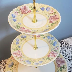 Handcrafted 3 Tier Stand, Churchill Fine English Tableware Staffordshire England, Yellow, Blue, Pink, Green, White & Gold China Stand (103)