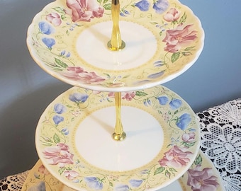 Handcrafted 3 Tier Stand, Churchill Fine English Tableware Staffordshire England, Yellow, Blue, Pink, Green, White & Gold China Stand (103)