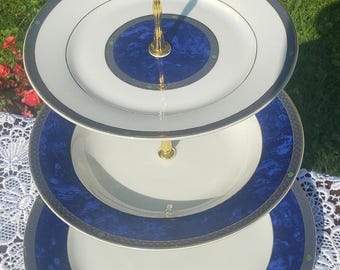 Handcrafted and Upcycled 3 Tier Cake Stand, Topceram Fine China, Royal Blue, Gold and White High Tea Dessert Stand (62)