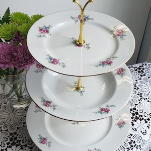 Handcrafted and Upcycled 3 Tier Cake Stand, Menau German Democratic Republic China, Pink, Blue, White and Gold High Tea Dessert Stand (42)