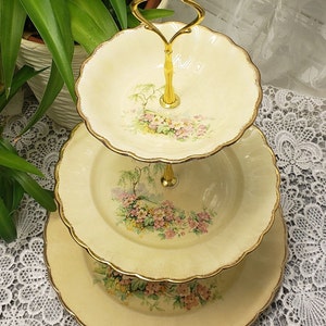 Handcrafted 3 Tier Cake Stand, Breath O&#39; Spring Imperial Ware 18K. Gold China, Soft Yellow, Green, Pink and Gold High Tea Dessert Stand (45)