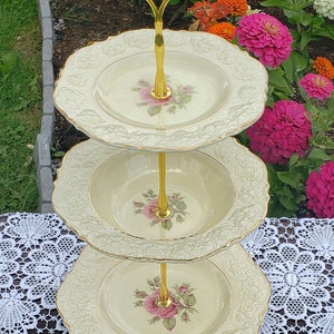 Handcrafted 3 Tier Cake Stand, Crown Ware &quot;Ducal&quot; China Made In England, Vintage Pink, Cream and Gold High Tea China Dessert Stand (60)