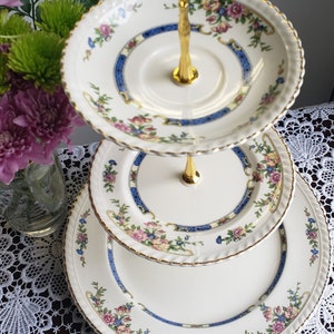 Handcrafted and Upcycled 3 Tier Cake Stand, Old English Johnson Bros China, Royal Blue, Pink, Ivory and Gold High Tea Dessert Stand (43)