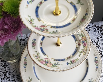Handcrafted and Upcycled 3 Tier Cake Stand, Old English Johnson Bros China, Royal Blue, Pink, Ivory and Gold High Tea Dessert Stand (43)