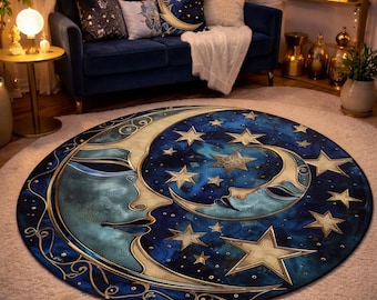 May include: A round rug featuring a celestial design with a crescent moon face and stars in shades of blue and gold. The rug is placed on a fluffy, off-white rug, creating a cozy and inviting atmosphere. The design evokes a mystical theme.