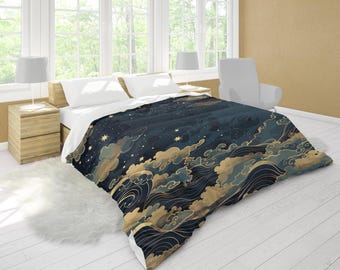 Celestial Art Deco Comforter For Cosmos Lovers Machine Washable Lightweight Quilt The Starry Night Sky Design Bedding With Flowing Clouds