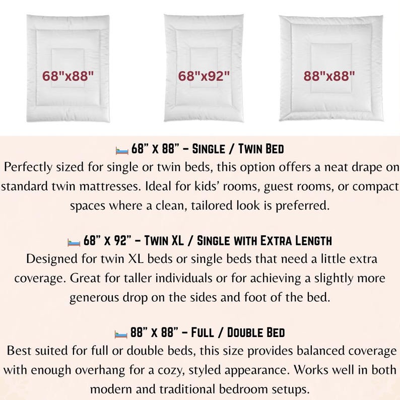 May include: White bed comforters in three sizes: 68"x88", 68"x92", and 88"x88". Text describes each size as suitable for single/twin, twin XL/single with extra length, and full/double beds. The comforters are designed for a neat drape.