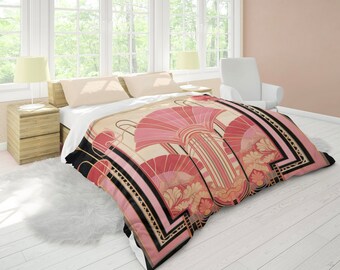 Pink Art Deco Comforter For Modern Design Lovers Lightweight Quilt For Bedroom Machine Washable Vintage Pink Bedding For Retro Style Lovers