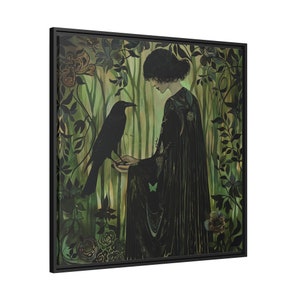 Raven Woman Painting On Framed Matte Canvas For Gothic Design Lovers Art Nouveau Style Woman Portrait In The Forest With A Regal Black Bird