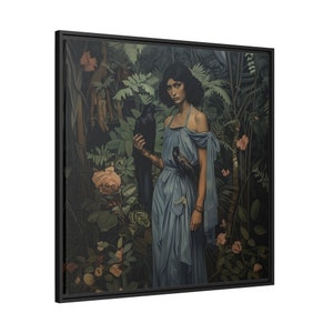 Raven Woman Painting On Framed Matte Canvas For Gothic Design Lovers Dark Fantasy Style Woman Portrait In The Forest With A Regal Black Bird