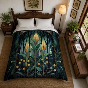 May include: A dark green and blue comforter with a forest-themed design. The comforter features stylized plants with yellow and gold accents, set against a backdrop of trees and a starry sky. The bedding is on a wooden bed frame.