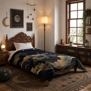 May include: A bedroom scene featuring a bed with a navy blue blanket adorned with a celestial design of clouds and stars. The room includes a wooden headboard, a rug with a crescent moon, and framed celestial art on the wall.
