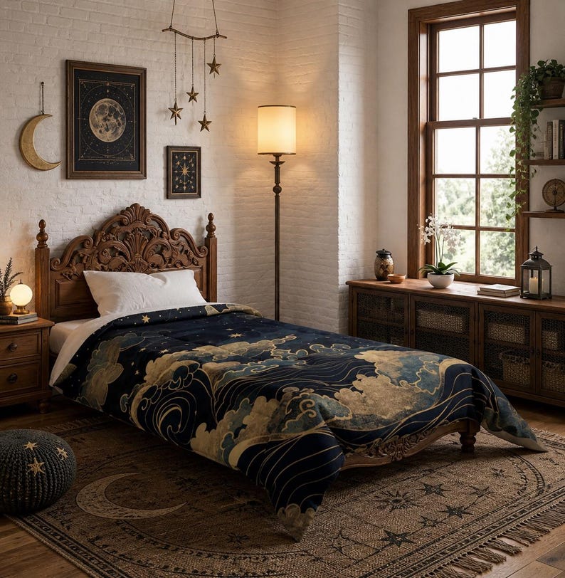 May include: A bedroom scene featuring a bed with a navy blue blanket adorned with a celestial design of clouds and stars. The room includes a wooden headboard, a rug with a crescent moon, and framed celestial art on the wall.