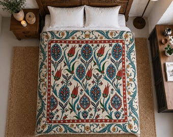 Tulip Comforter | Iconic Turkish Tulip Art | Lightweight All Season Bedding | No Duvet Cover Needed | Watercolor Art Featuring Ethnic Motifs
