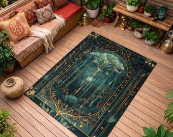 May include: A rectangular area rug with a forest scene design in shades of green and gold. The rug features a central image of a tree and a forest, framed by an ornate gold border. The rug is placed on a wooden deck.