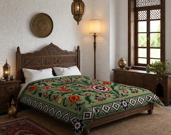 Ottoman Garden Floral Comforter |  Botanical Tulip Art Design | Lightweight All Season Bedding | No Duvet Cover Needed | Sage Green Bedroom