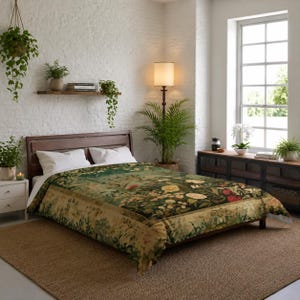 May include: A bed with a dark wooden frame and a comforter featuring a floral tapestry design in shades of green, yellow, and red. The room has a neutral color palette with plants and a floor lamp.