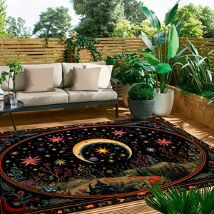 Boho Witchy Rug For Outdoors Eclectic Carpet With Shimmering Stars And Moon For Fantasy Lovers Mystical Floor Decor For Terrace And Patio