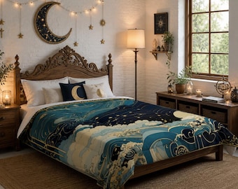 May include: A bed with a comforter featuring a blue and gold wave design, with a dark blue and gold crescent moon pillow. The room has a wooden headboard, a decorative moon, and string lights. The room is decorated in a celestial theme.