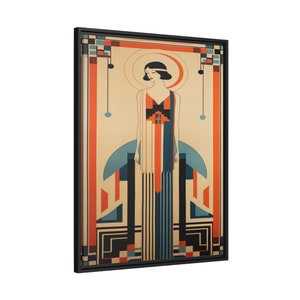 Art Deco Flapper Girl Painting On Framed Matte Canvas For Nostalgia Lovers Glamorous Woman Portrait Wall Decor Roaring Twenties Vintage Art