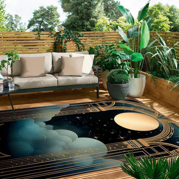 Art Deco Celestial Rug For Indoors And Outdoors Surreal Starry Floor Decor For Moon Lovers Cosmos Room Aesthetics Dreamy Clouds Carpet