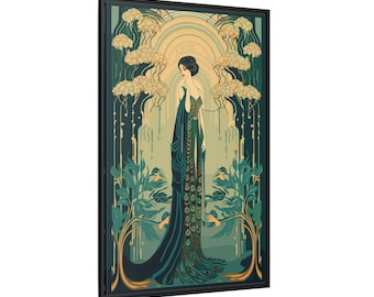 Art Nouveau Forest Painting | Pinewood Frame | Matte Finish Canvas | Vertical Woman Portrait | Lush Green Nature Decor | Watercolour Art