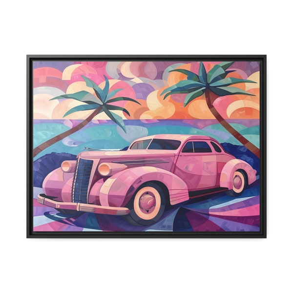Art Deco Vintage Car Painting On Framed Matte Canvas For Classic Cadillac Lovers Nostalgic Bygone Era Wall Decor Pink Automotive Glamour