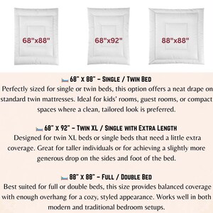 May include: White bed comforters in three sizes: 68"x88", 68"x92", and 88"x88". Text describes each size as suitable for single/twin, twin XL/single with extra length, and full/double beds. Ideal for various bedroom setups.