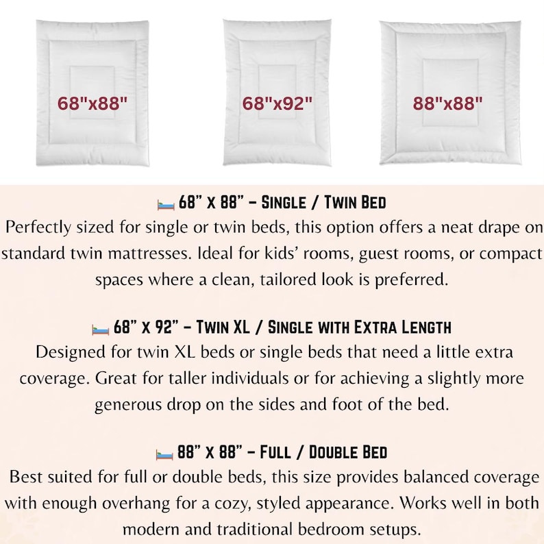 May include: White bed comforters in three sizes: 68"x88", 68"x92", and 88"x88". Text describes each size as suitable for single/twin, twin XL/single with extra length, and full/double beds. Ideal for various bedroom setups.