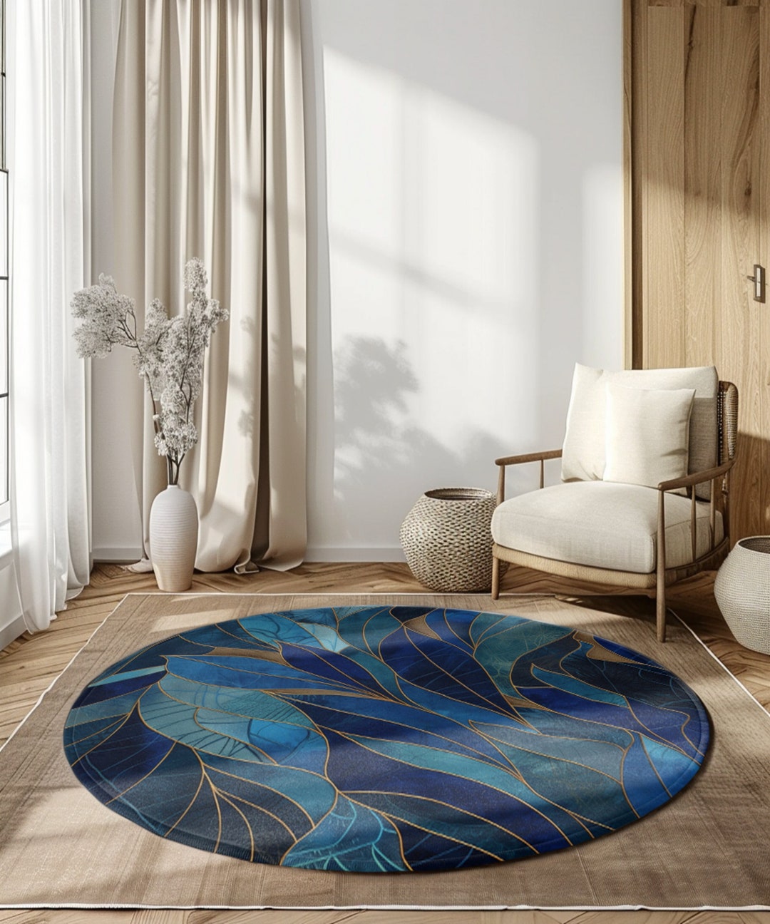 Round Blue Leaves Rug for Indoors Floral Art Deco Design Carpet for ...