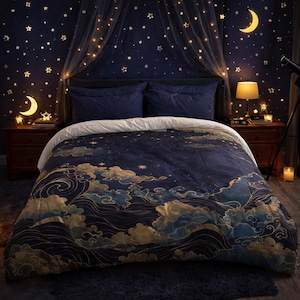 May include: A bedroom scene featuring a navy blue comforter with a celestial design of clouds and waves in gold and blue. The room has a dark blue wall with star and moon-shaped lights, a canopy of fairy lights, and two nightstands.