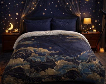 May include: A bedroom scene featuring a navy blue comforter with a celestial design of clouds and waves in gold and blue. The room has a dark blue wall with star and moon-shaped lights, a canopy of fairy lights, and two nightstands.