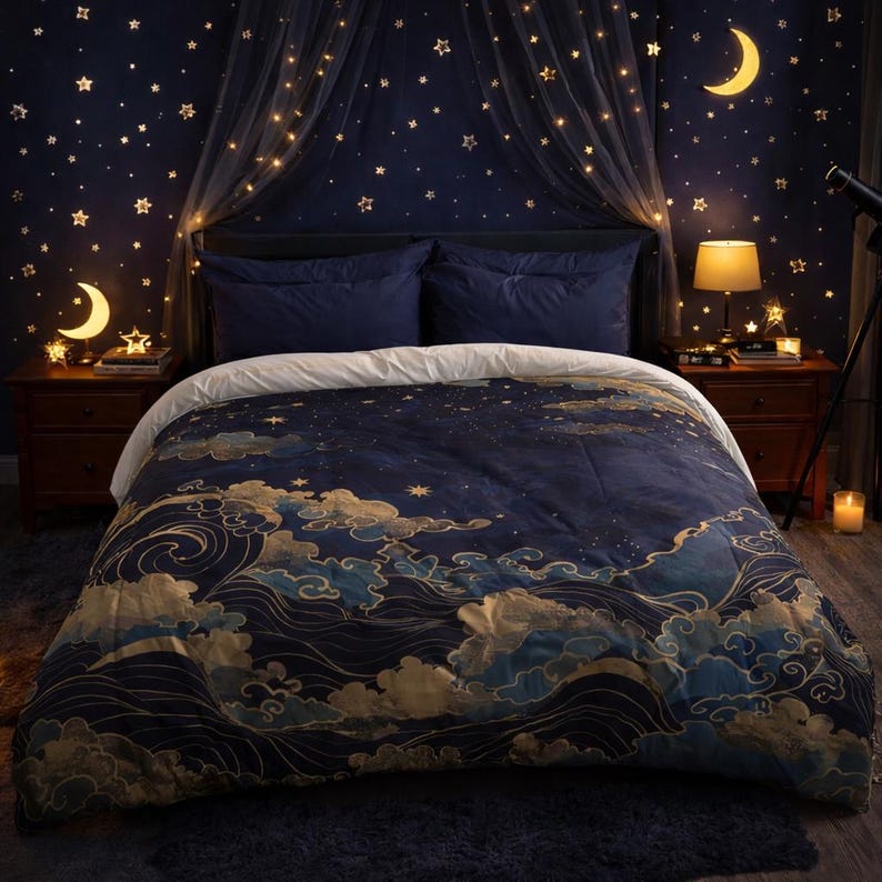 May include: A bedroom scene featuring a navy blue comforter with a celestial design of clouds and waves in gold and blue. The room has a dark blue wall with star and moon-shaped lights, a canopy of fairy lights, and two nightstands.