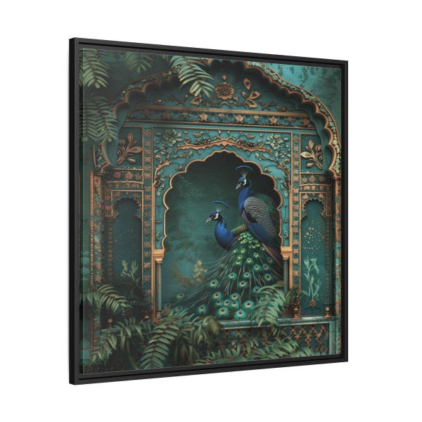 Peacock Painting | Teal Wall Hanging Decor With Magnificent Birds Surrounded By Lush Green Garden | Pine Wood Frame | Matte Finish Canvas