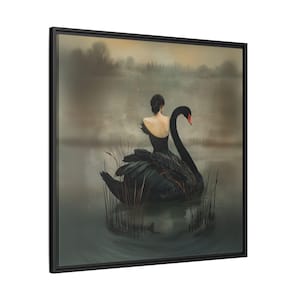 Black Swan Painting | Dark Romance Art | Woman Seamlessly Entwined with a Majestic Swan | Pinewood Frame | Matte Finish Canvas | Goth Decor image 1