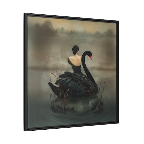 Black Swan Painting | Dark Romance Art | Woman Seamlessly Entwined with a Majestic Swan | Pinewood Frame | Matte Finish Canvas | Goth Decor