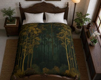 May include: A forest-themed comforter featuring a dark green and gold color palette. The design depicts a dense forest with tall trees and lush foliage. The comforter is placed on a wooden bed frame with white pillows, creating a cozy and natural aesthetic.