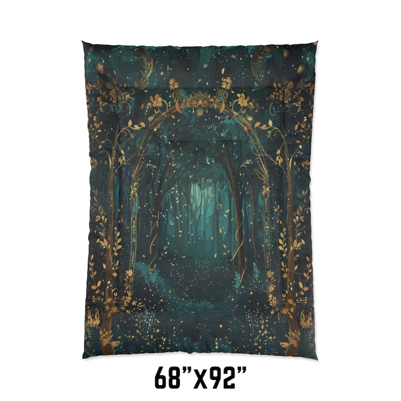 May include: A dark teal comforter with a forest scene. The design features a pathway through a forest with gold accents. The comforter measures 68" x 92".