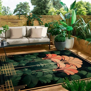Art Deco Rug For Outdoors Floral Design Carpet For Nature Lovers Lush Green Garden Oasis Floor Decor With Art Deco Touch Suitable For Patio