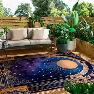 Celestial Rug For Indoors And Outdoors Art Deco Moon And Stars Floor Decor For Cosmos Lovers Unique Designer Carpet Magical Oasis Sky Rug