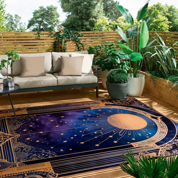 Celestial Rug For Indoors And Outdoors Art Deco Moon And Stars Floor Decor For Cosmos Lover Unique Surreal Magical Sky Carpet Gold Aesthetic